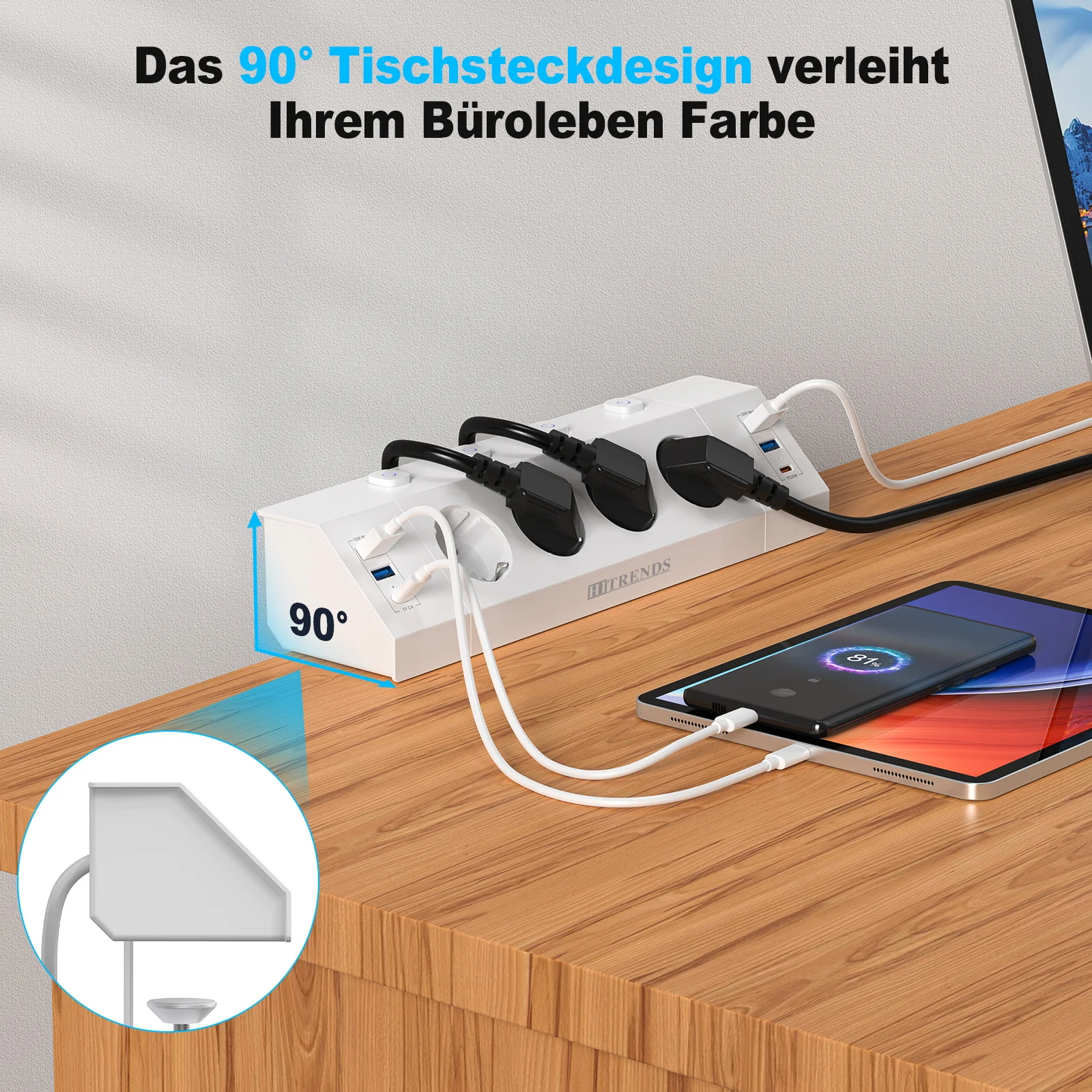 Eu Plug Multi-function power strip with desktop clamp 4 AC power outlets 4 USB-A and 2 USB-C 2 meter cable independent switches 3