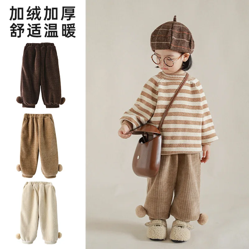 

Girls' Winter Fleece-Lined Trousers Wool Ball Knitted Ankle Banded Pants Children's New Warm Thick Casual Pants