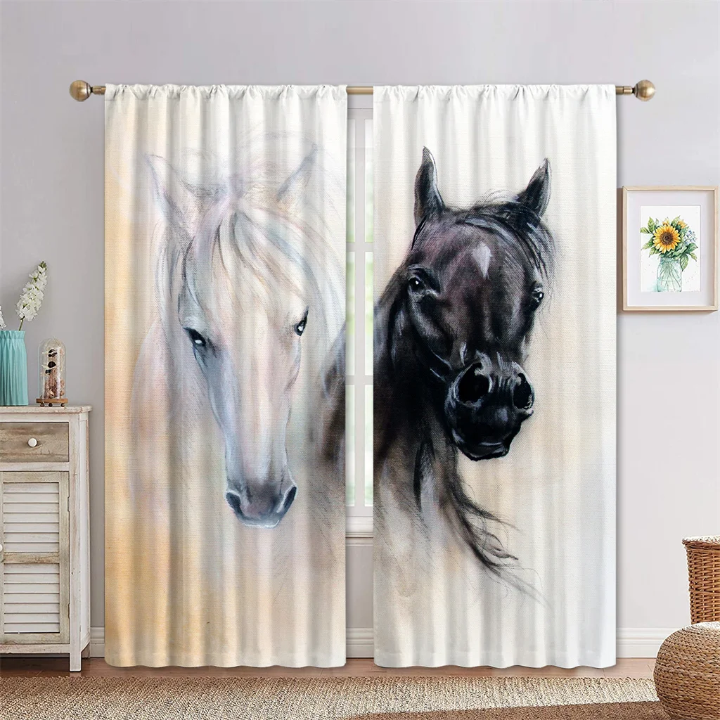 

Will Double Horse Black and White 3D Digital Printing Bedroom Living Room Window Curtains 2 Panels