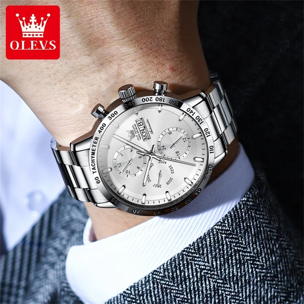 OLEVS-Montre existent Originale pour Homme, Acier Inoxydable Argenté, Semaine Calendrier, Simplicité d'Affaires, Montre Mécanique, 6683