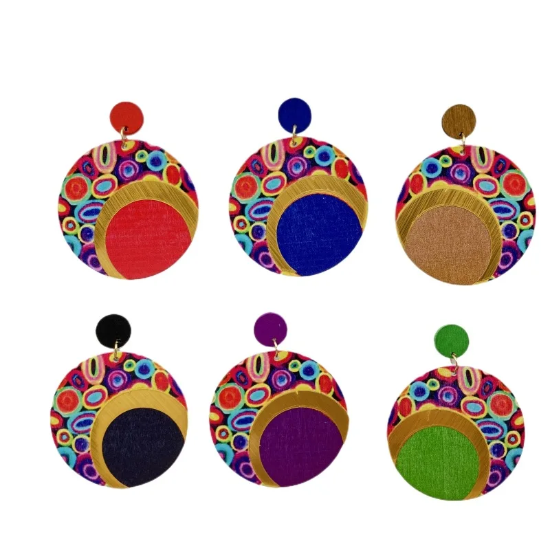 New Bohemian Earrings Wooden Color Contrast Printing Round Color Large Earrings Vintage Ethnic Style Ear Rings Gift Wholesale