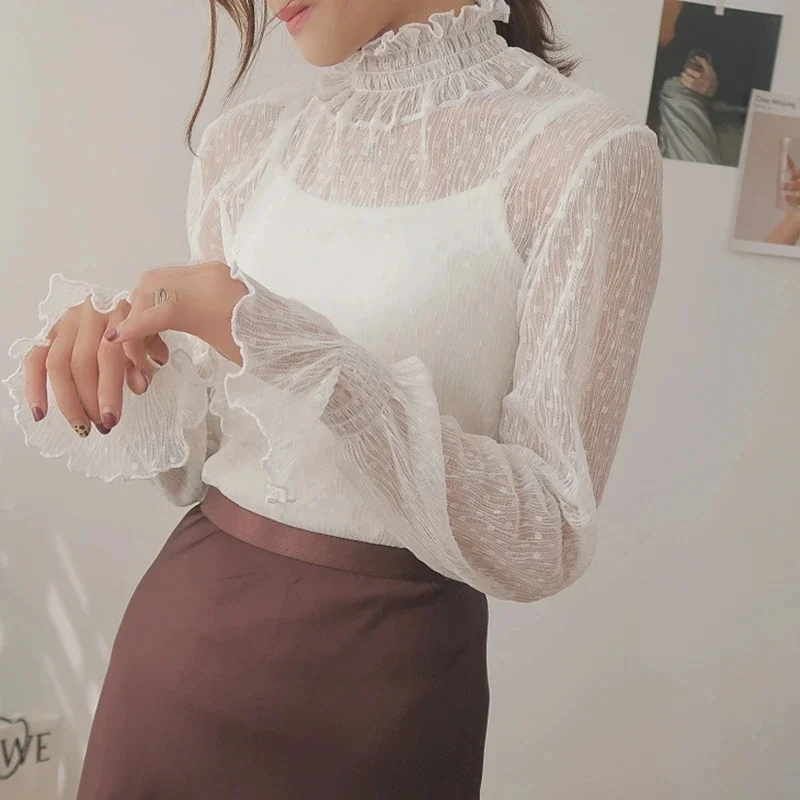 

New Transparent Korean Women Flower Lace Blouse Multiple Colors Female Bottoming Blouses S-2XL Size Cheaper Tops Kawaii T Shirt