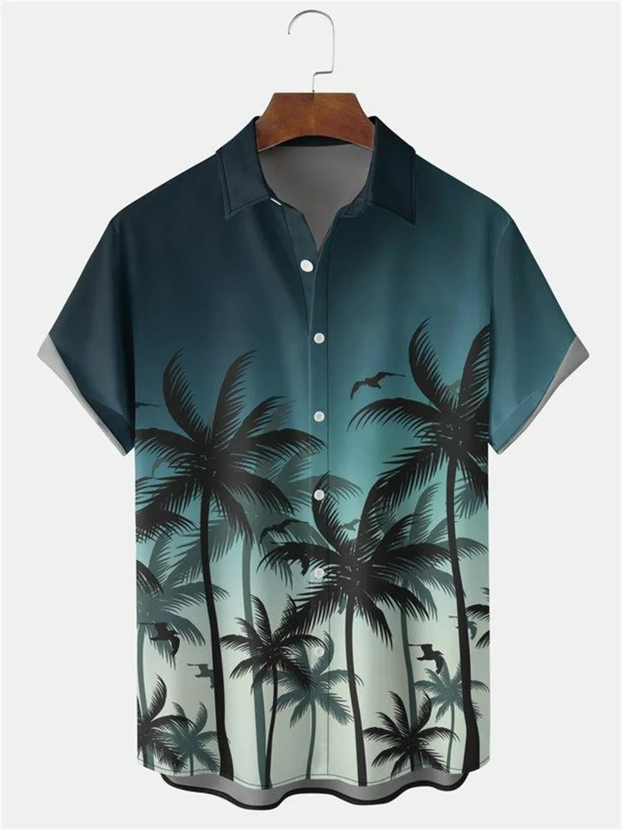 Men Hawaiian Casual shirt Men's beach Short Sleeve Shirts Coconut Tree Pattern Print Casual Seaside Lapel Button Up Shirt Tops 2