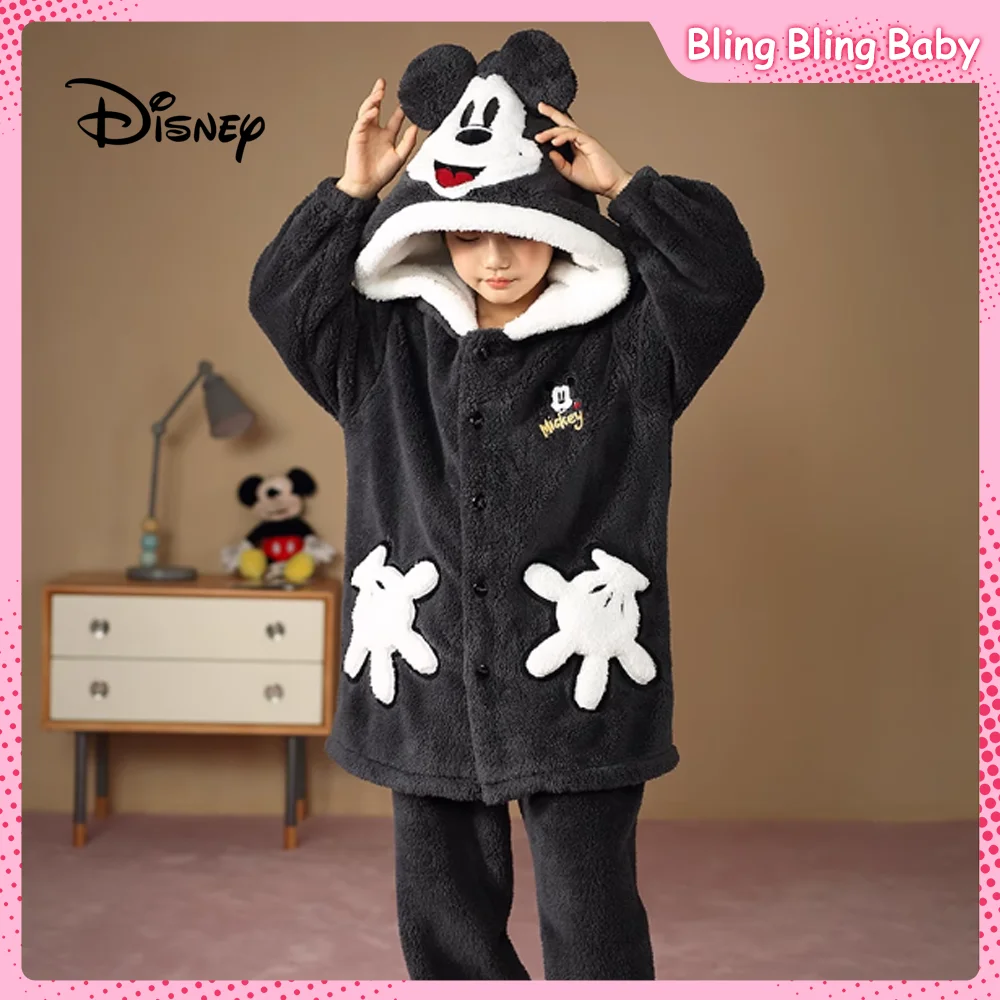 

Disney Boys Hooded Pajama Set Mickey Mouse Autumn Winter Loose Mid-Length Style Cartoon Embroidery Coral Fleece 2Pcs Loungewear