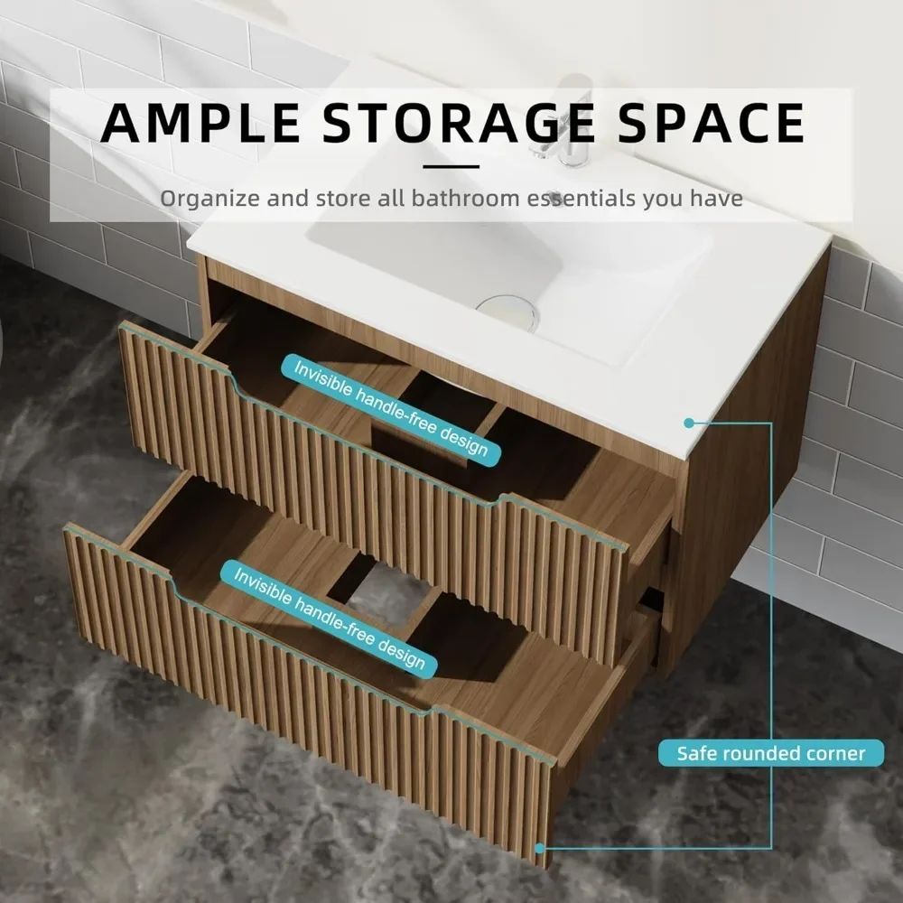 30” Wall Mounted Bathroom Vanity with Sink Floating Bathroom Cabinet Sink Combo, Soft-Close System, 2 Extra Big Drawers, Walnut 4