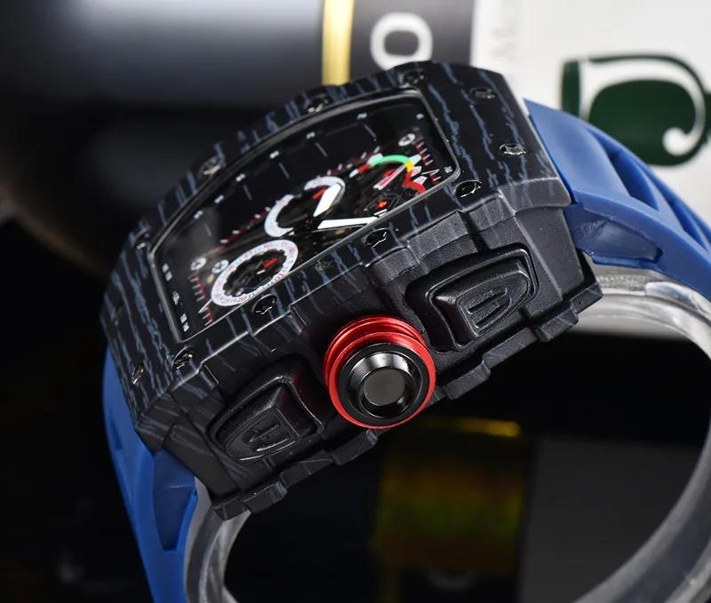 2022 Full-featured 6-pin Men's High Quality Quartz Watch Hollow Glass Back Stainless Steel Case Watch Black Rubber