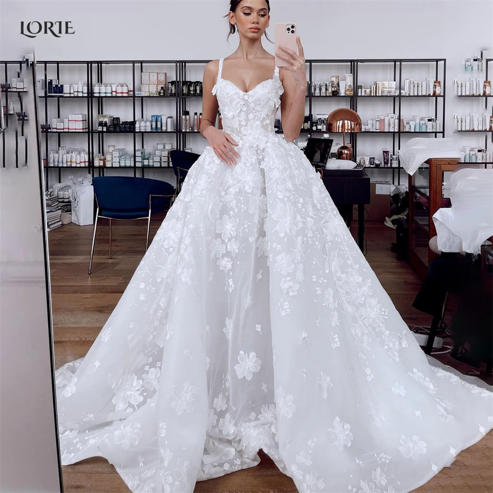 

LORIE Vintage Lace Wedding Dresses Sweetheart Princess Appliques 3D Flowers A-Line Bridal Gowns Bohemia Sleeveless Bride Dress