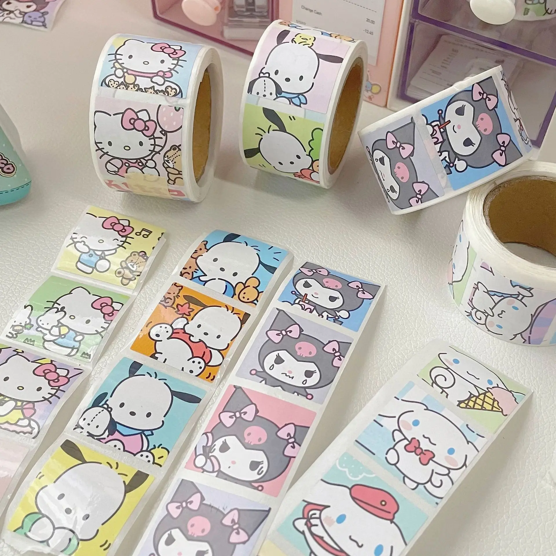 

200Pcs/roll New Cute Sanrio Kuromi HelloKitty Hand Account Stickers Cartoon Kawaii Anime Cinnamoroll Pochacco Sticker Kids Toys