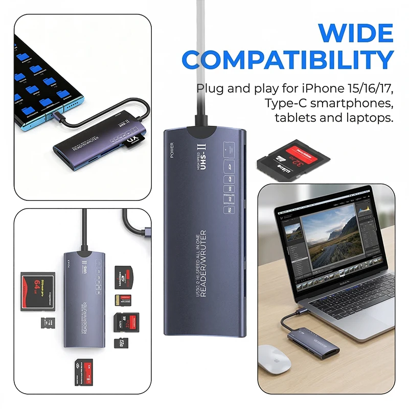 6 in 1 USB 타입-C 카드 리더 SD TF CF MS XD M2 메모리 카드 리더 480Mbps 어댑터 (아이폰 15, 16, 17, 노트북, PC용)