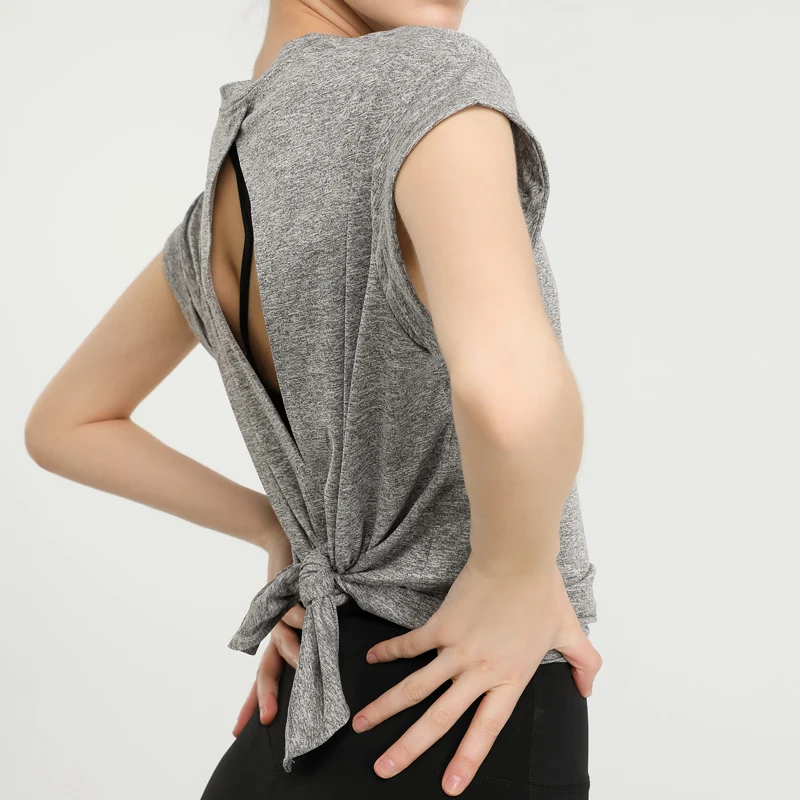 VITALINOVO Women's Workout Tanks Tie Back Short Sleeve Shirts Yoga Athletic Open Back Sport Gym Tops Breathable Gym T Shirts 4