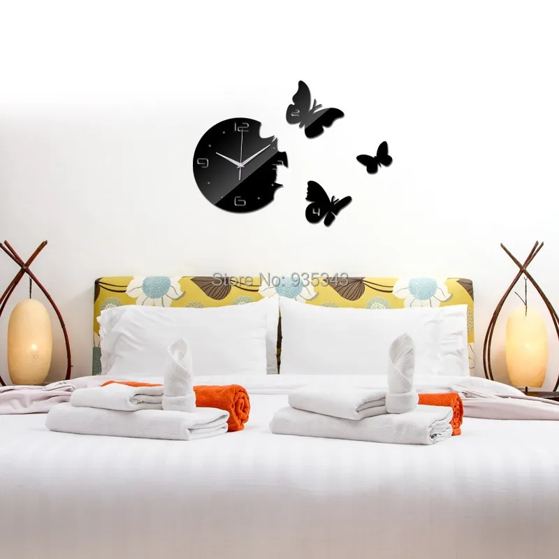 Description Picture 6 of itemNew Big Butterflies Round Wall Clock DIY Quartz Watch Acrylic Mirror 3D Stickers for Living Room Europe Needle Horloge Murale