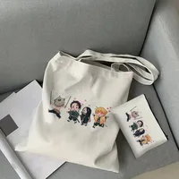 2pcs Demon Slayer Kamado Nezuko Tote Comic Retro Fashion Canvas Cartoon Makeup Portable Shopping Bags Wallet Shoulder Bag Set 1