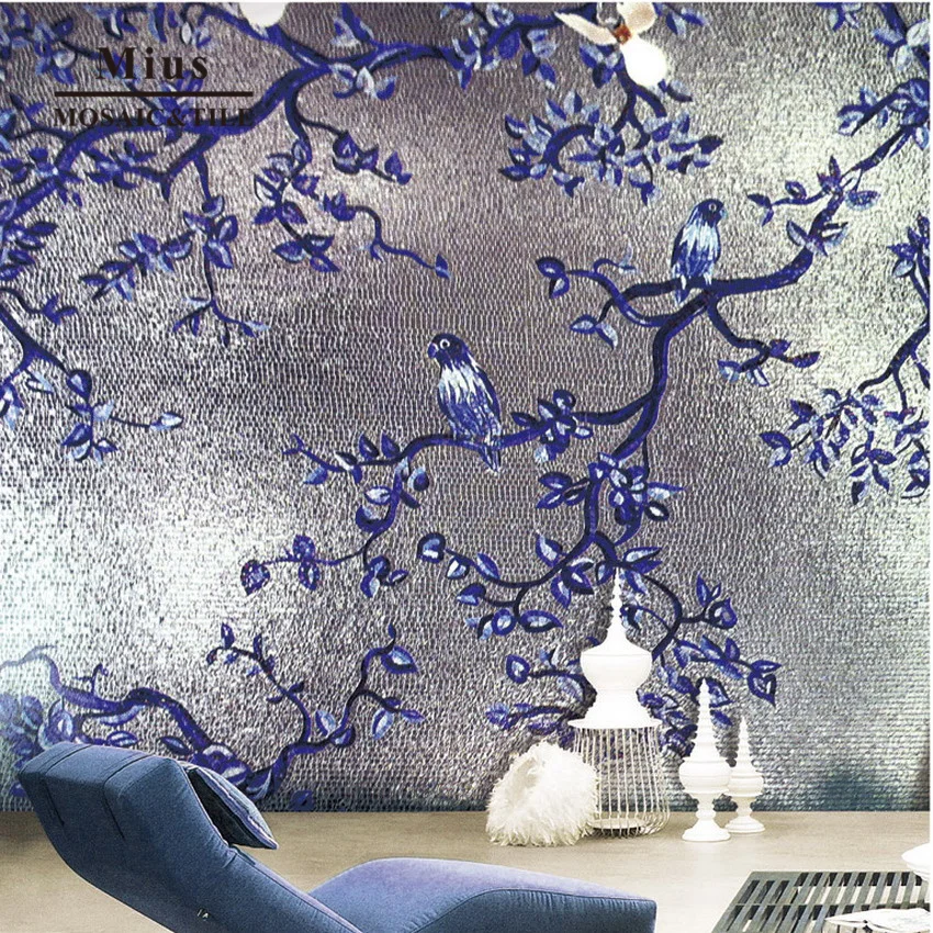 Silver background blue bird glass art mosaic tile pattern custom color allowed