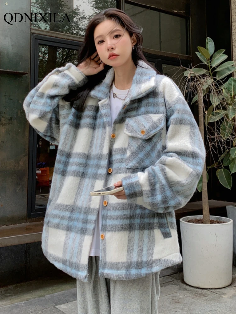 

Fall New Plaid Plush Coats for Women Korean Casual Vintage Woolen Shirt Top Jacket Fashion Loose Long Sleeve Wool & Blends Coats