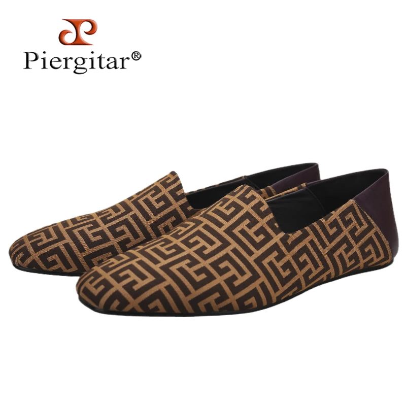 

Piergitar New Plaid Stereoscopic Jacquard Fabric Men's Loafers Back Soft Sheepskin Smoking Slippers Handmade Slip-on Moccasin