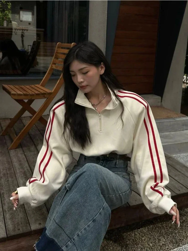 

Deeptown Harajuku Cropped Sweatshirts Women Vintage Grunge Striped Half Zip Up Hoodies Fashion Loose Casual Tops Kpop Streetwear