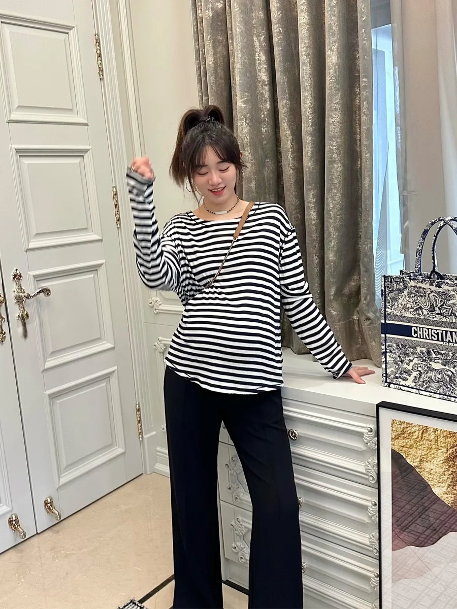 레오 마미 출산 의류 가을 닳은 둥근 목 줄무늬 긴 소매 셔츠 상단 느슨한 피부 친화적 인 울 뜨개질 바닥 셔츠
