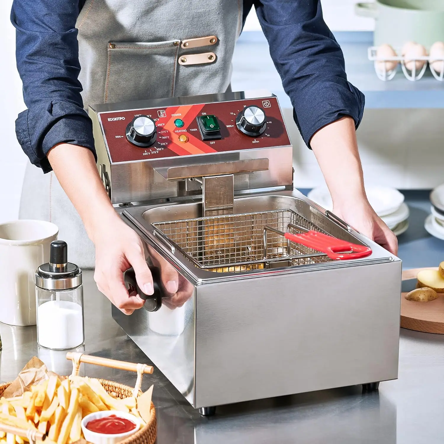 Deep fryer Single Tank Deep Fryer with Basket Capacity Electric Countertop Fryers with 60 Minute Timer for Home Kitchen