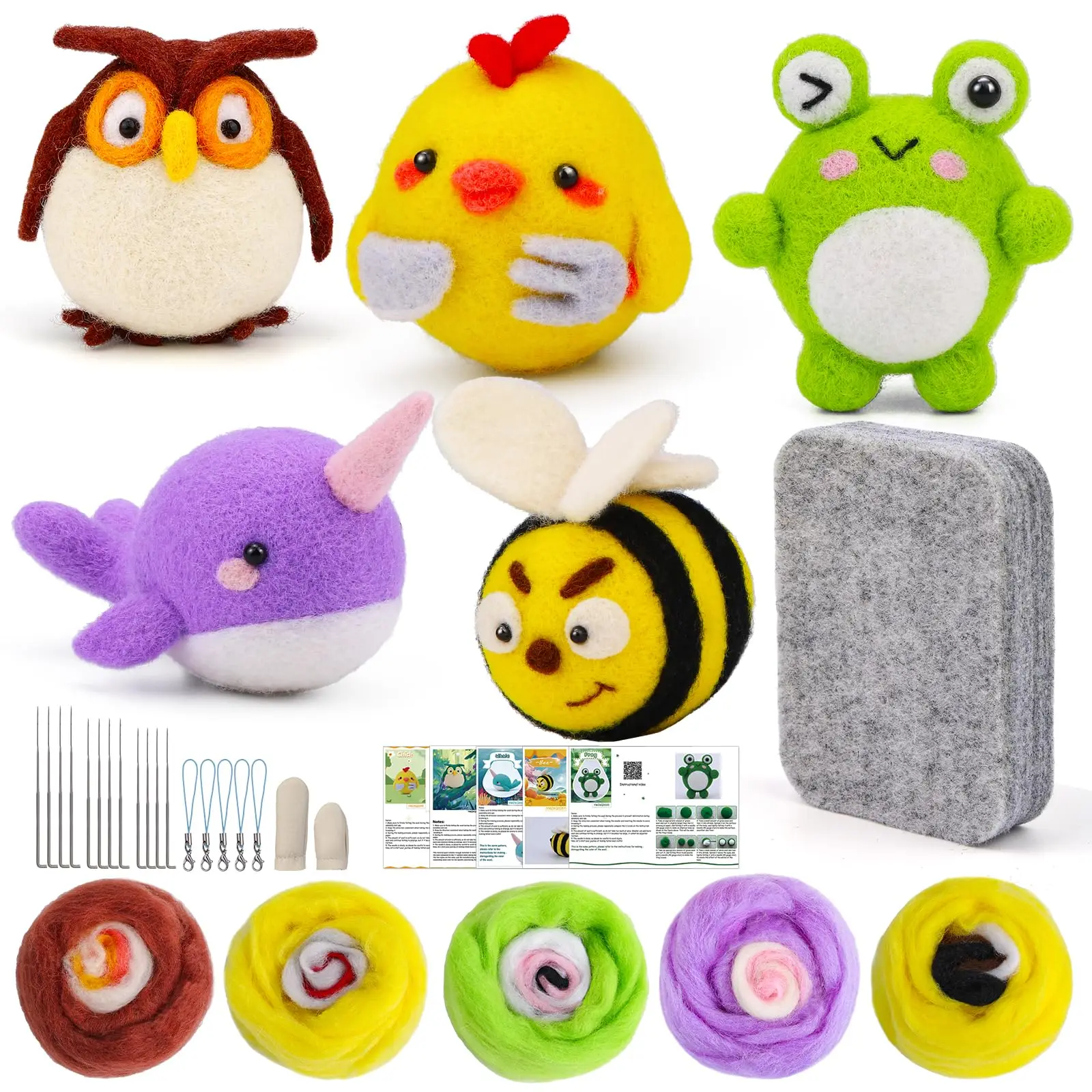 Animal Felting Kits 5PCS For Beginners Adults Wool Felting Kit Including Wool Roving Foam Pad Instructions For DIY