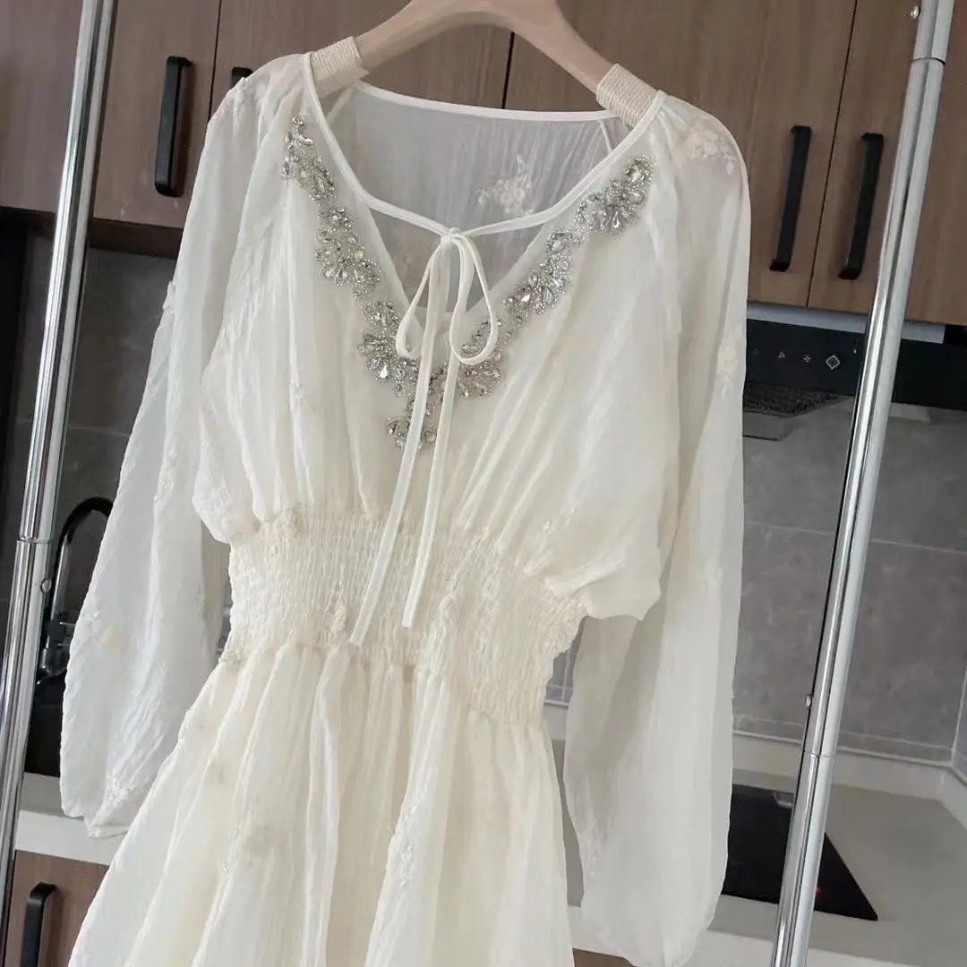 

Diamonds Studded Pearl Beige White Embroidery Dress 2023 New Women's Summer High-end Dresses