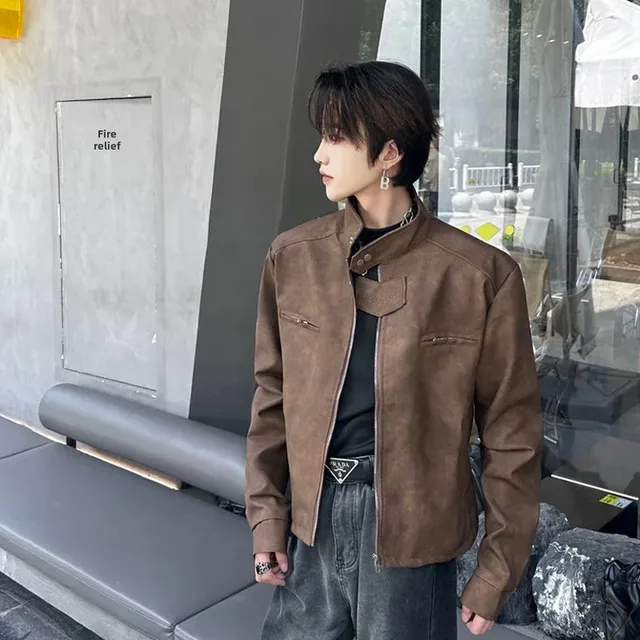Niche Men's Cropped Brown Coffee Bombber Jacket American Style Vintage Motorcycle Leather Jacket Loose Fit Regular Length