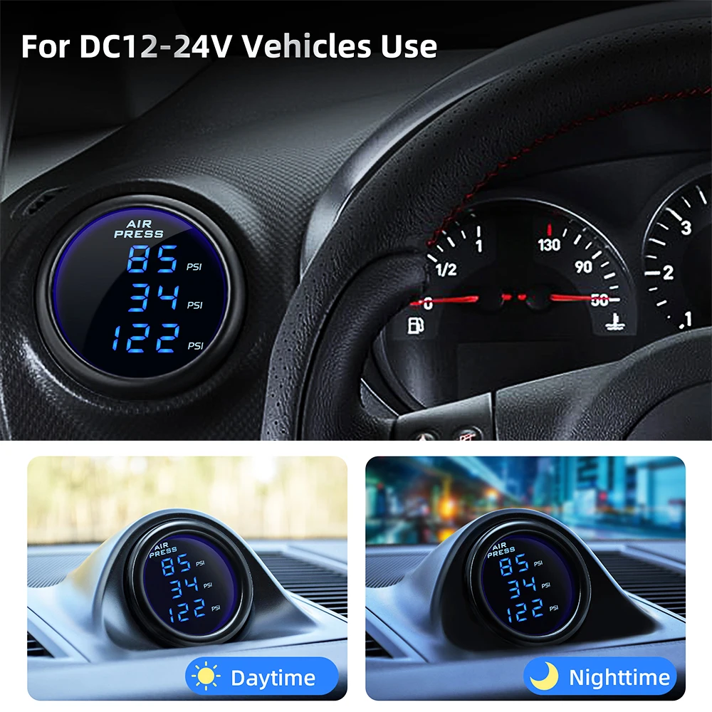 Three Digital Display 220PSI Air Ride Suspension with 3pcs 1/8NPT Sensors 0-220PS 52mm Car Air Pressure Gauge