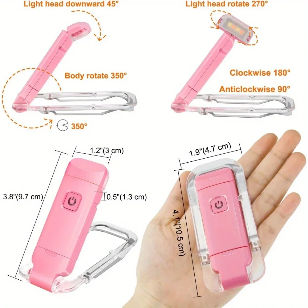 2-Pack, Rechargeable Reading LED Clip-on Book Light, Bedside Compact Light, Brightness Adjustable, Eye Protection-Pink