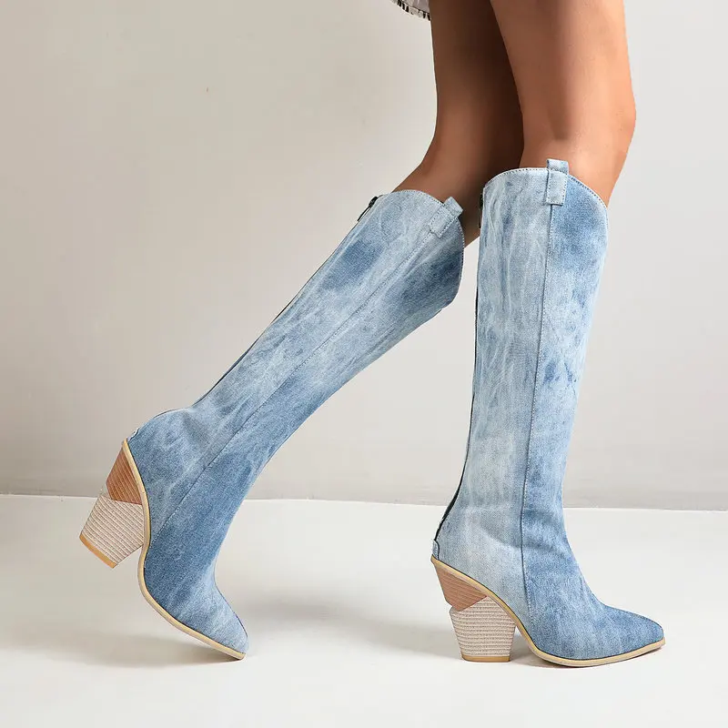 

Fall Winter 2022 Knee High Western Boots Loose Back Zipper Women Boots Cowboy Boots Comfortable Office Casual Women Shoes 34-48