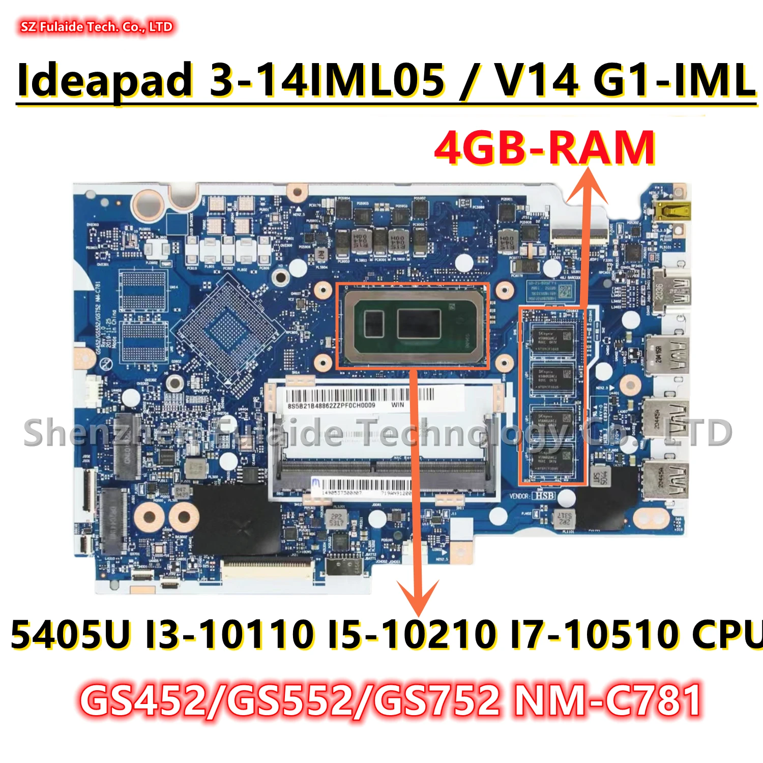

NM-C781 For Lenovo Ideapad 3-14IML05 / V14 G1-IML Laptop Motherboard With 5405U 6405U I3-10110 I5-10210 I7-10510 CPU 4GB-RAM