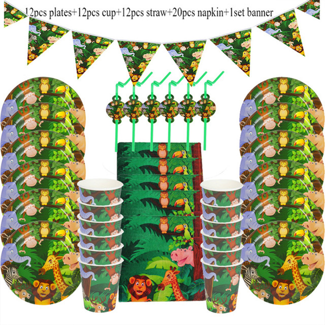 Safari Birthday Party Decoration Disposable Tableware Set Safari Dinosaur Party 1st Birthday Boy Baby Shower Supplies