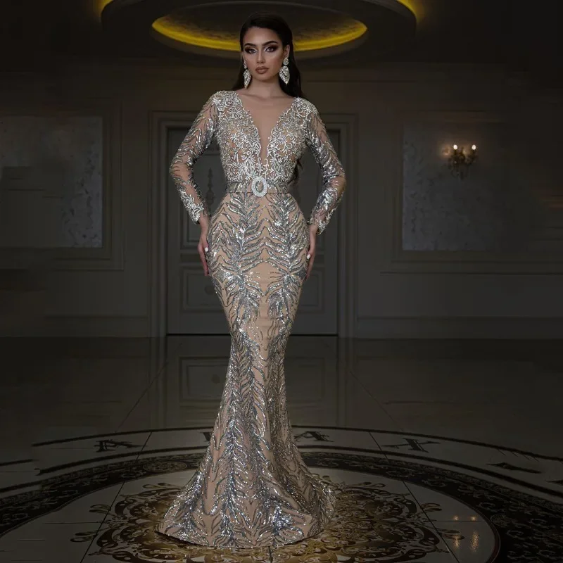 

Elegant Women Evening Floor Length Dress Sexy Sequins Long Sleeve V Neck Graduation Party Dress Long Bodycon Robe Prom Gown