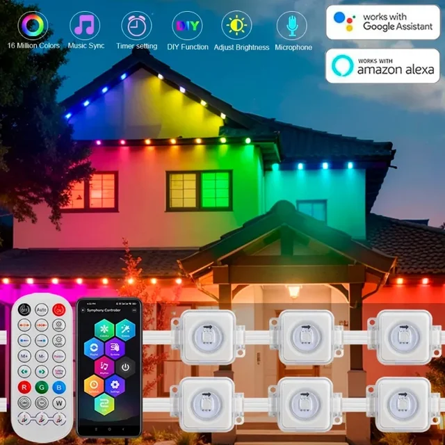Outdoor Eaves LED light kit 16703IC(WS2812B) RGBIC 30 Pixels Addressable Led string Works With Alexa Google Home Assistant DC24V