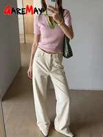 T-shirt élégant en tricot pour femme, jaune, manches courtes, style polo, 100% coton, haut d'été pour femme, Y2k, rose basique, t-shirt pour femme 2