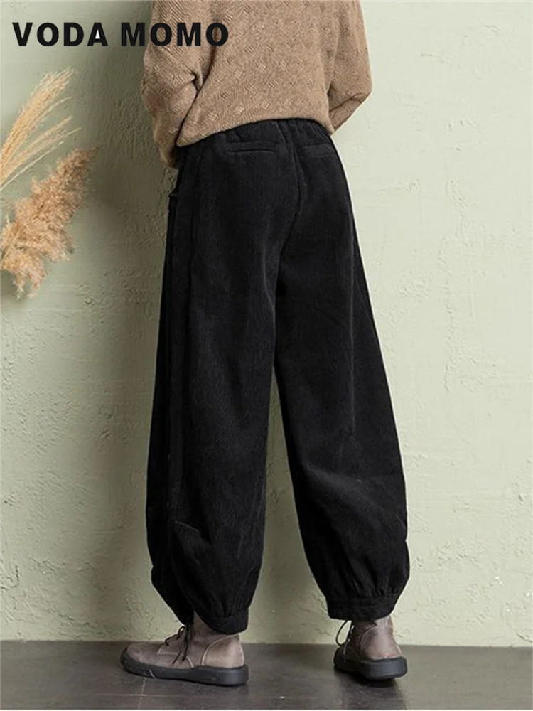 2023 Autumn Winter Vintage High Waist Lantern Pants Woman Side Button Baggy Casual Pants Loose Wide Leg Corduroy Trousers Women images - 6