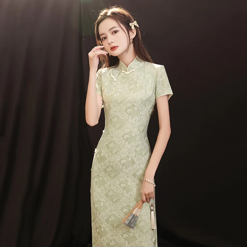 Dammosi 2024 새로운 청소년 녹색 여성을위한 향상된 우아한 하이 엔드 에어 드레스 여름 Cheongsam 드레스 유행 긴 드레스