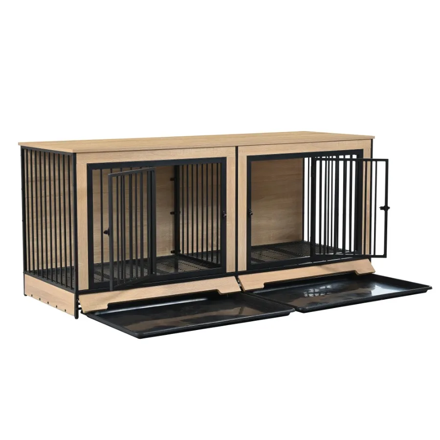 XL Large Double Dog Cage Furniture with Tray Wooden Pet Kennel for Medium Large Dogs