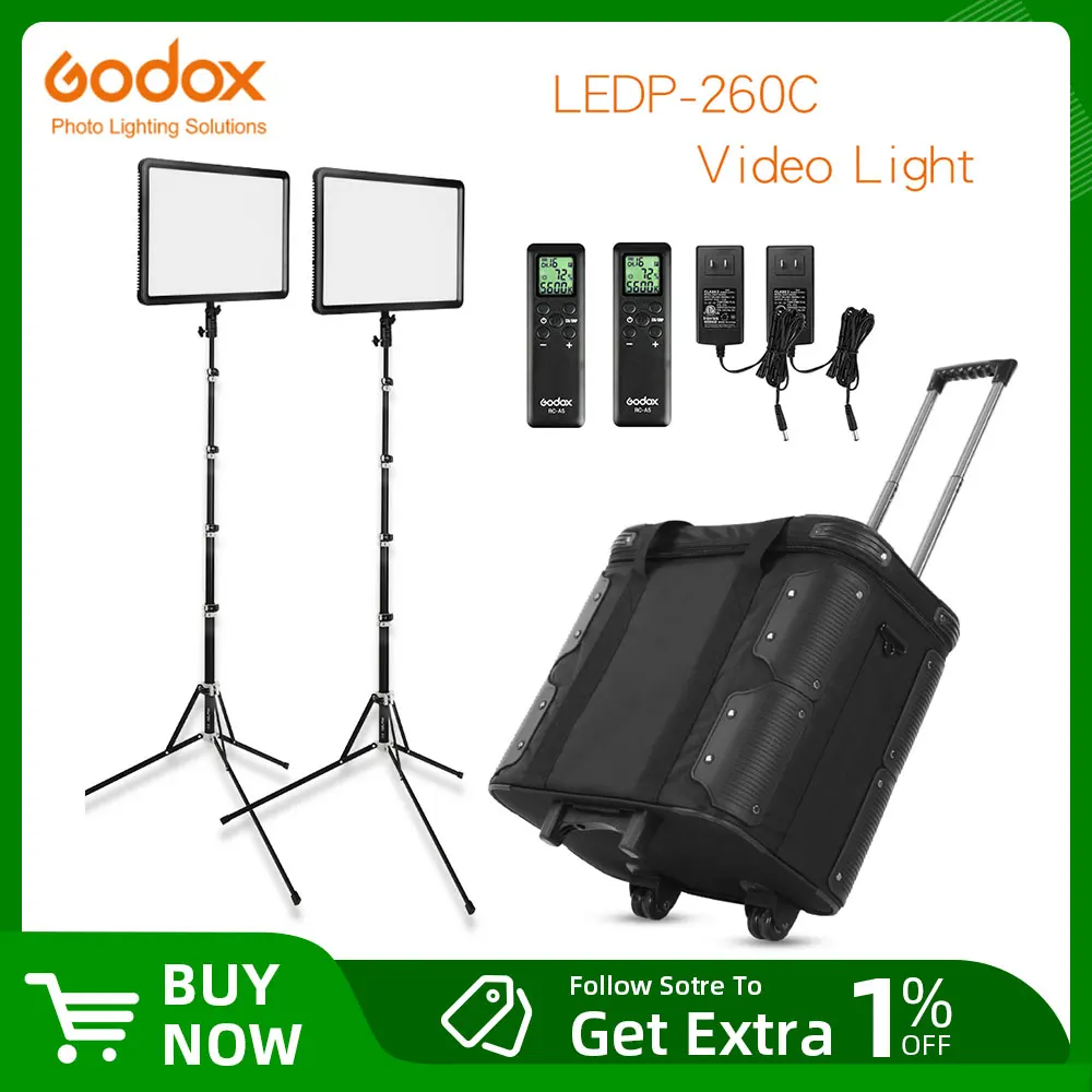 Godox 2x LEDP260C 3300 5600K LED Video Light Continuous Lighting Kit, Photo Video Shooting with
