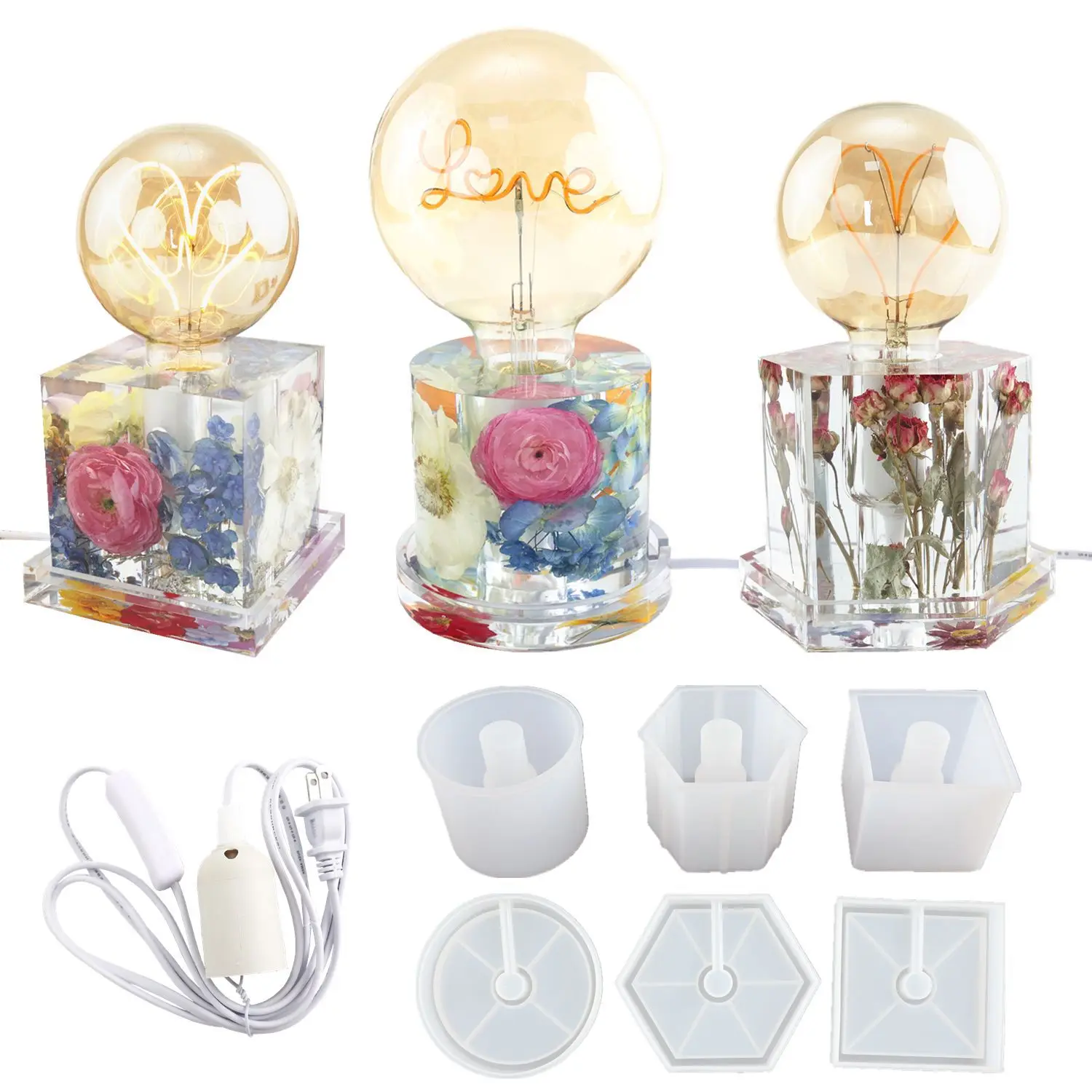 

DIY Crystal Resin Silicone Mold Lamp Base Hexagonal Cube Cylindrical Night Light Mirror Silicone Molds For Resin