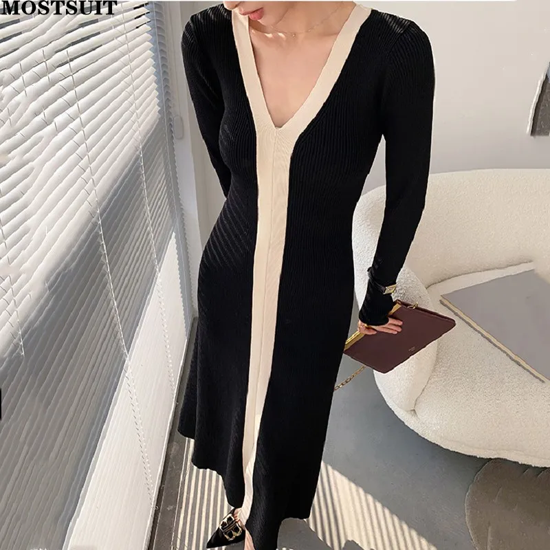 Korean Chic Elegant Knitted Long Dress Women Full Sleeve Vneck Ladies