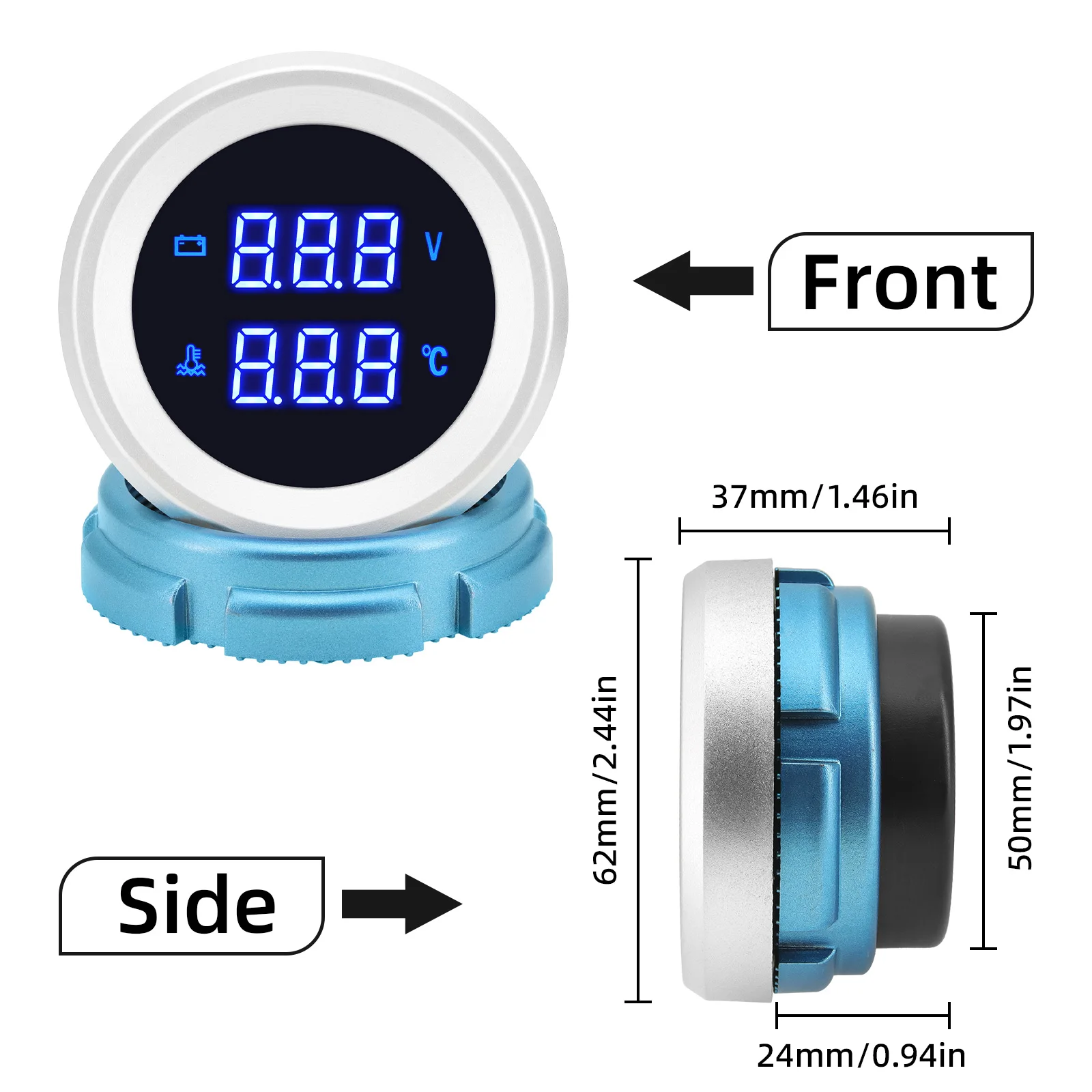 12V/24V 52MM 수온계 전압계 2 in 1 디지털 디스플레이 블루 LED 자동차 트럭 자동 게이지 미터 (온도 센서 10mm 포함)