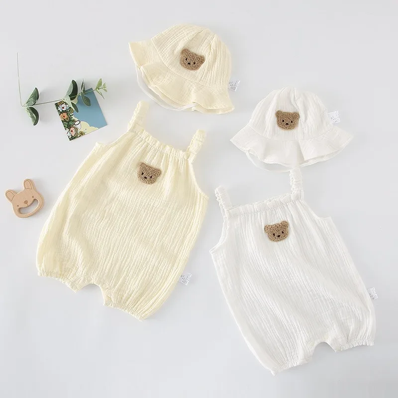 

Baby Summer Clothing Solid Newborn Infant Romper With Hat Muslin Cotton Sleeveless Baby Boys Girls Jumpsuit Outfits 2024