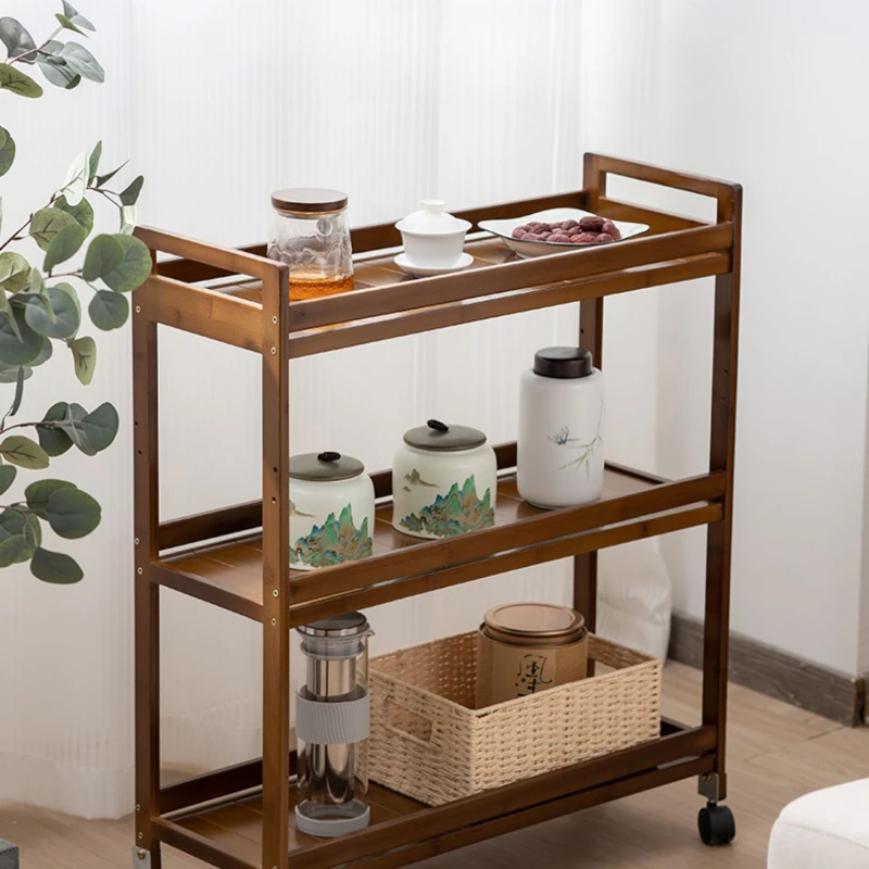 Movable Tea Table Storage Rack MultiLayer Kitchen and Living Room Organizer Bamboo Wood Tea Trolley