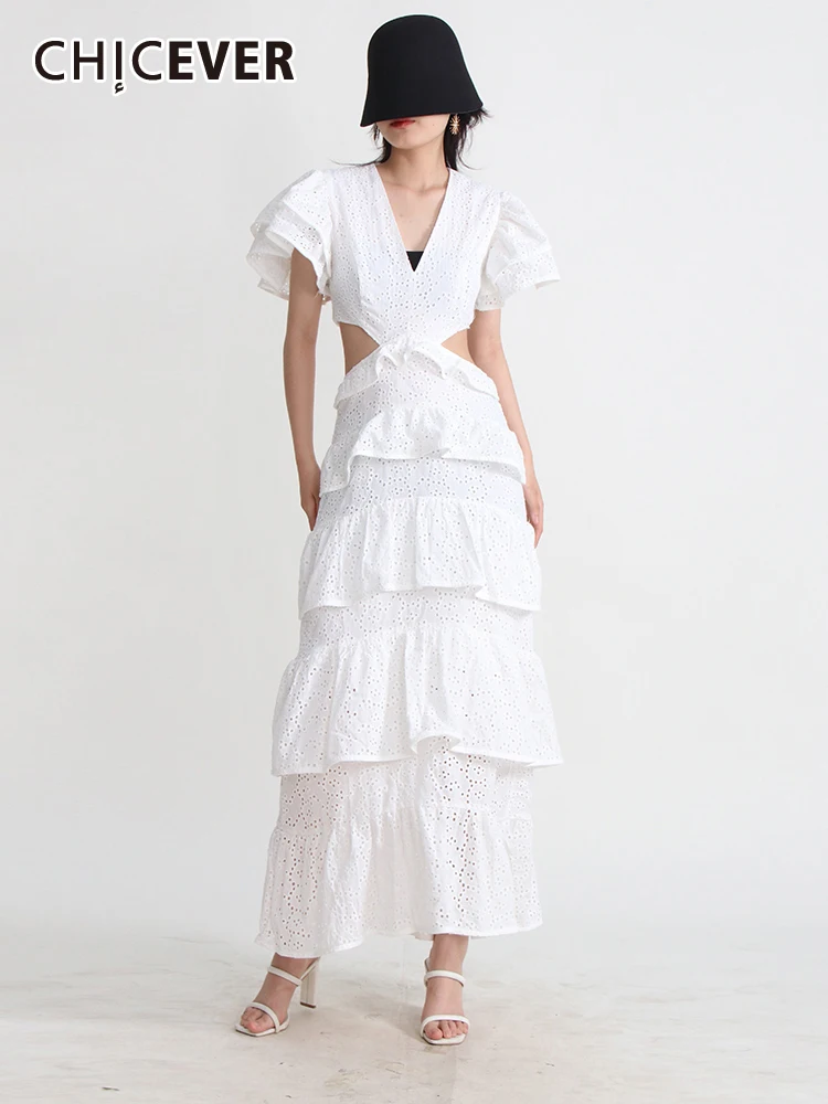 

CHICEVER Hollow Out Elegant Dresses For Women V Enck Short Sleeve High Waist Slimming Solid Tierred Ruffles Maxi Dress Female