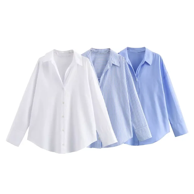 Femmes mode printemps coton Oxford à manches longues simple boutonnage revers Blouse vêtements de rue chemise Chic dames hauts Mujer 1