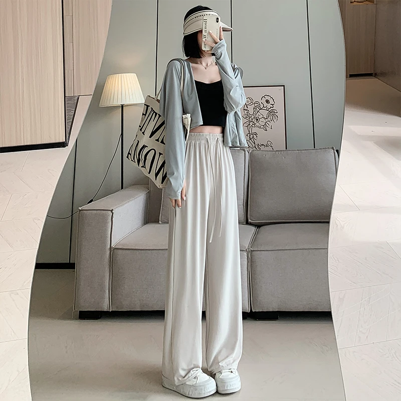 New Female Fashion Versatile Comfortable Ice Silk Wide Leg Pants Women'S Summer High Waist Straight Leg Sports Casual Trousers