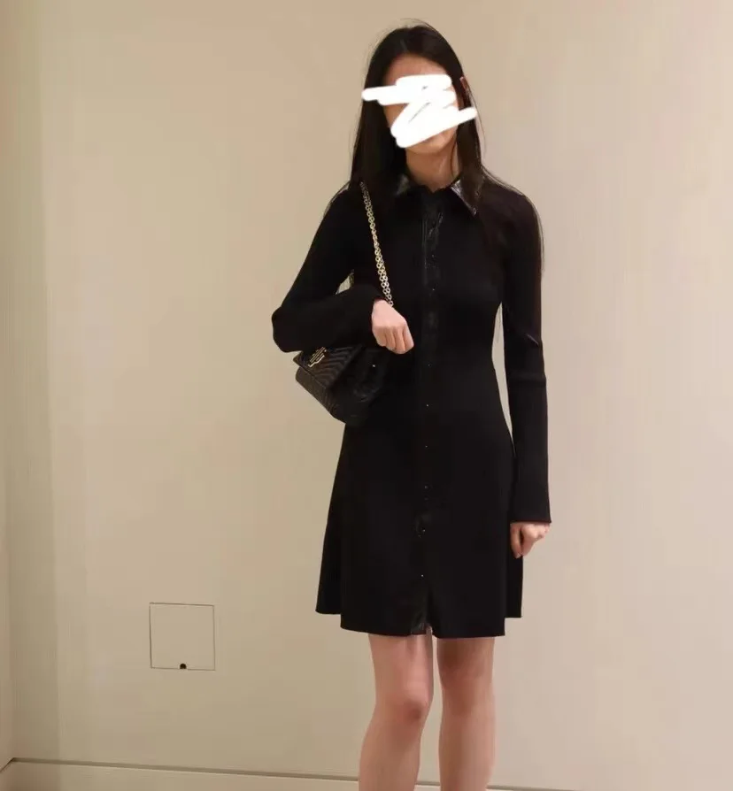 

Women's Robe Turn-Down Collar Spliced With Single Breasted A-Line OL 2023 Autumn New Knitted Mini Dress
