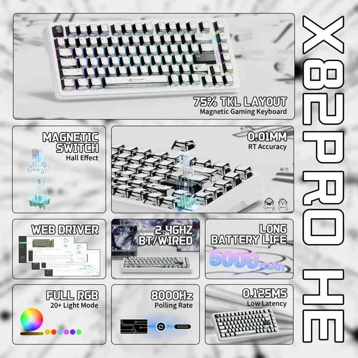 ATTACK SHARK X82PRO HE 마그네틱 스위치 키보드 75% 8K RGB 핫스왑 가능 PBT 트리플 모드 게이머용