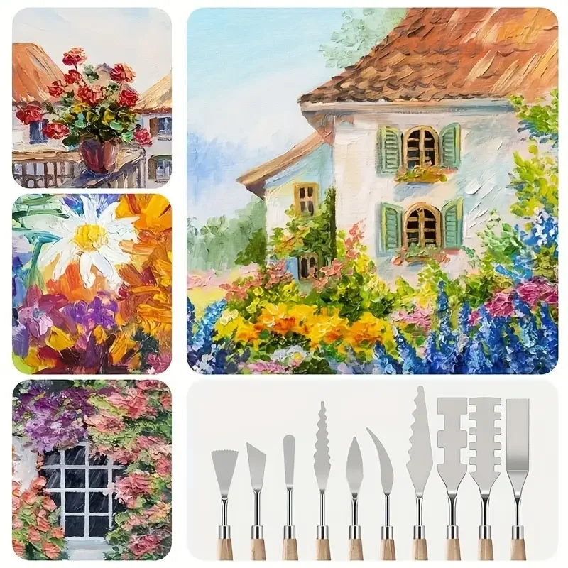 10Pcs Palette Knife Set, Stainless Steel Spatula Painting Knives, Wooden Handle Painting Pallet Knife Set for Oil Painting, Acry 6
