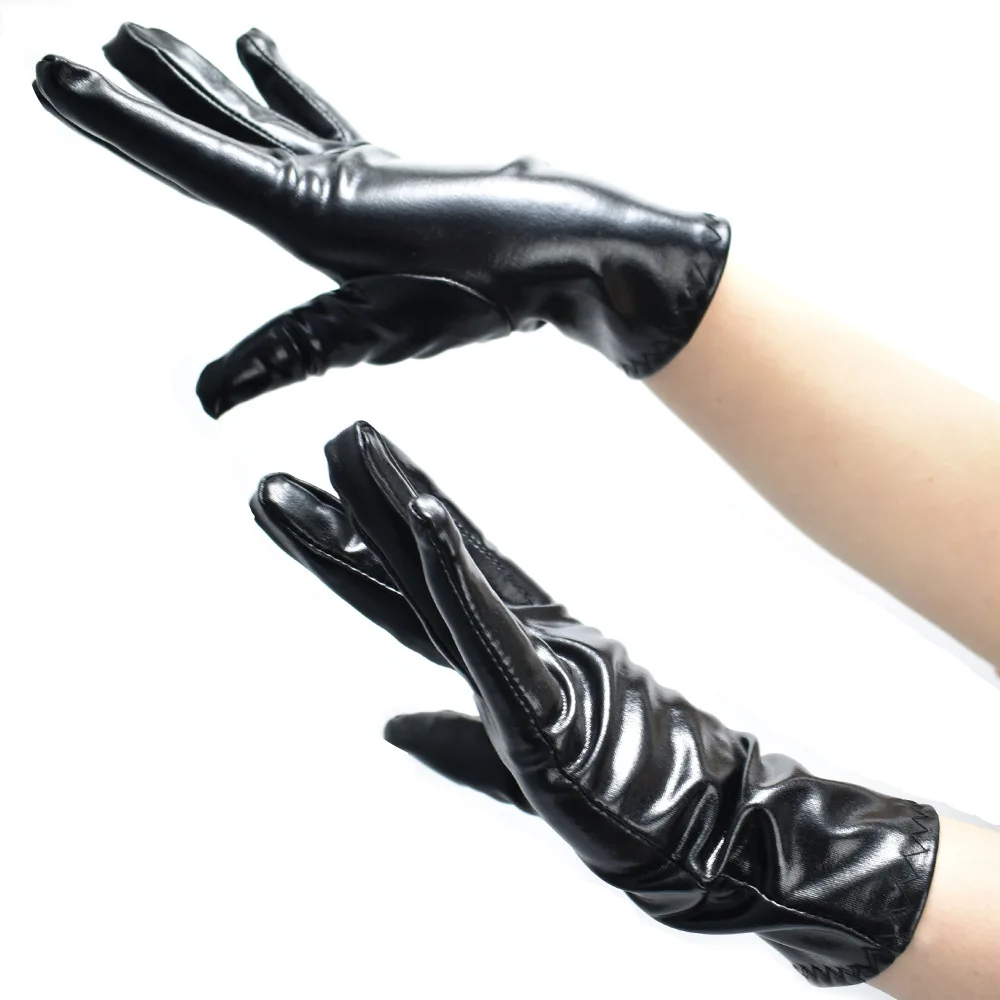 Women's Solid Color PU Gloves Winter Warmth Plus Short Thin Screen Driving Female Leather Gloves New 2023 Party Dance Gloves