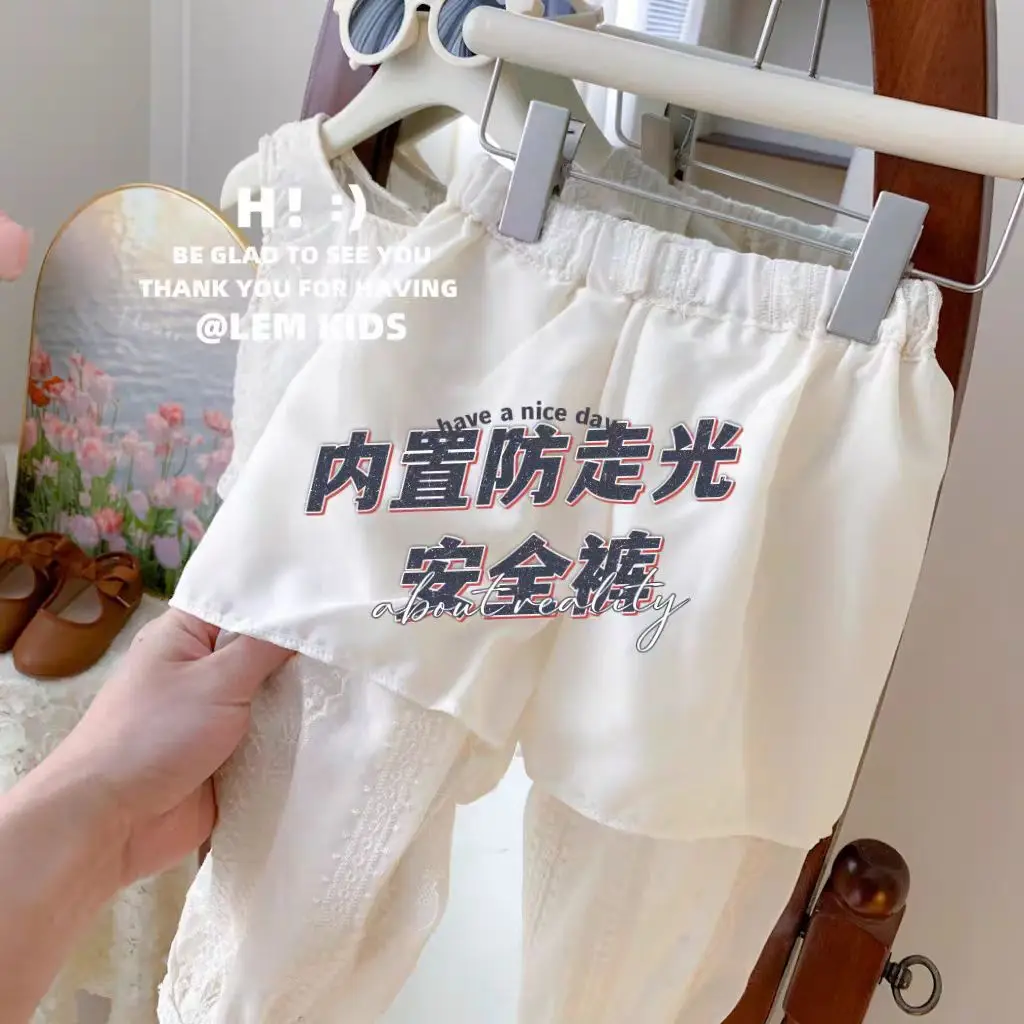 여아용 캐주얼 민소매 할로우 레이스 티셔츠 및 바지, 스트랩 가디건 조끼, 한국 의류 세트, 세트 0-6 세, 2 개, 여름